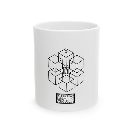 Geometric Cube Monogram Mug — Minimalist Black Line Ceramic Coffee Cup (11oz, 15oz)